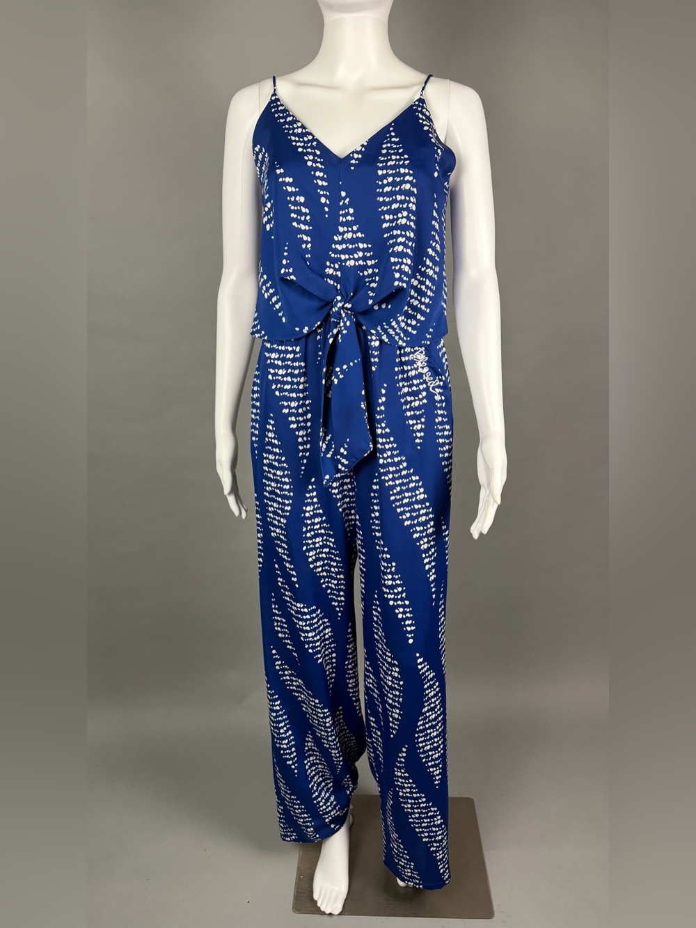 Sleeveless Blue Printed Tie-Waist Jumpsuit